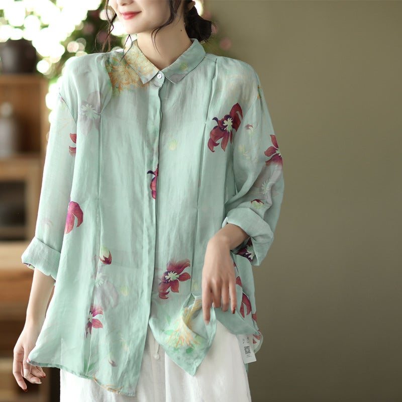 Spring Loose Casual Retro Linen Floral Bluse