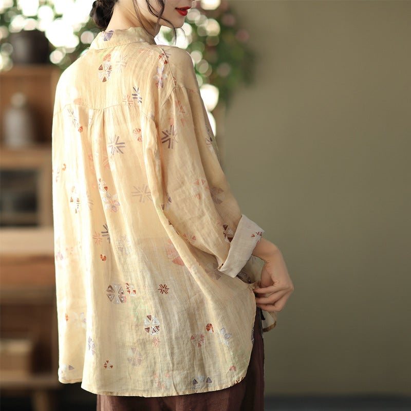 Spring Loose Casual Retro Linen Floral Bluse