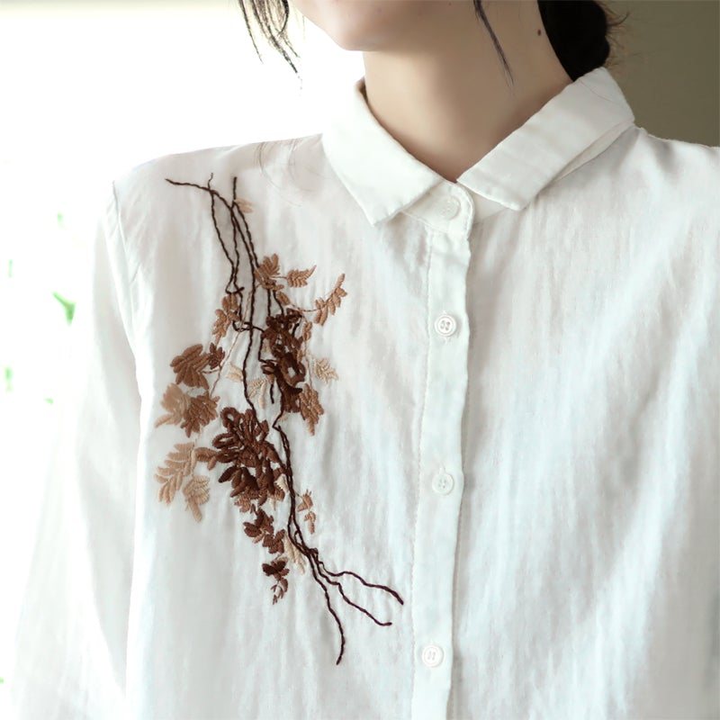 Spring Retro Blomster Broderi Langermet Bluse