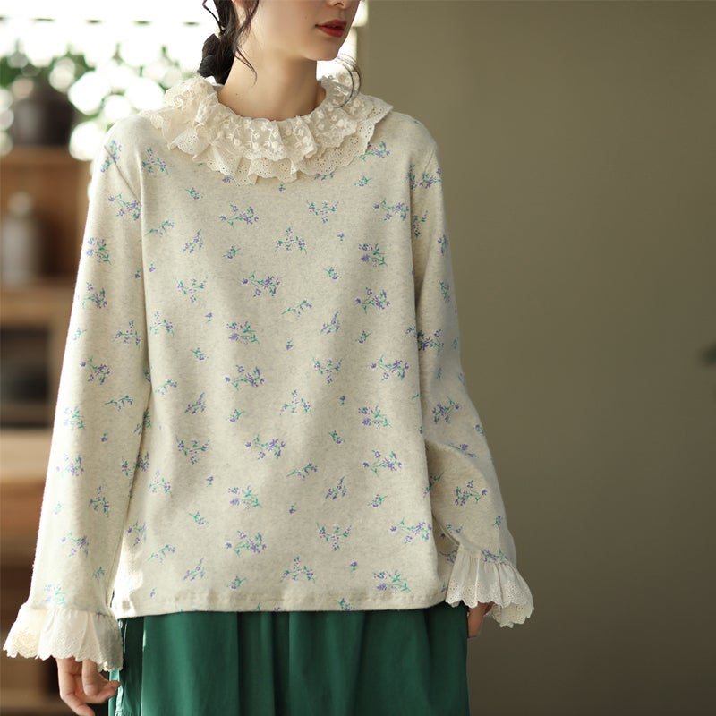 Spring Retro Lace Floral T-skjorte Med Løse Utsvingede Ermer