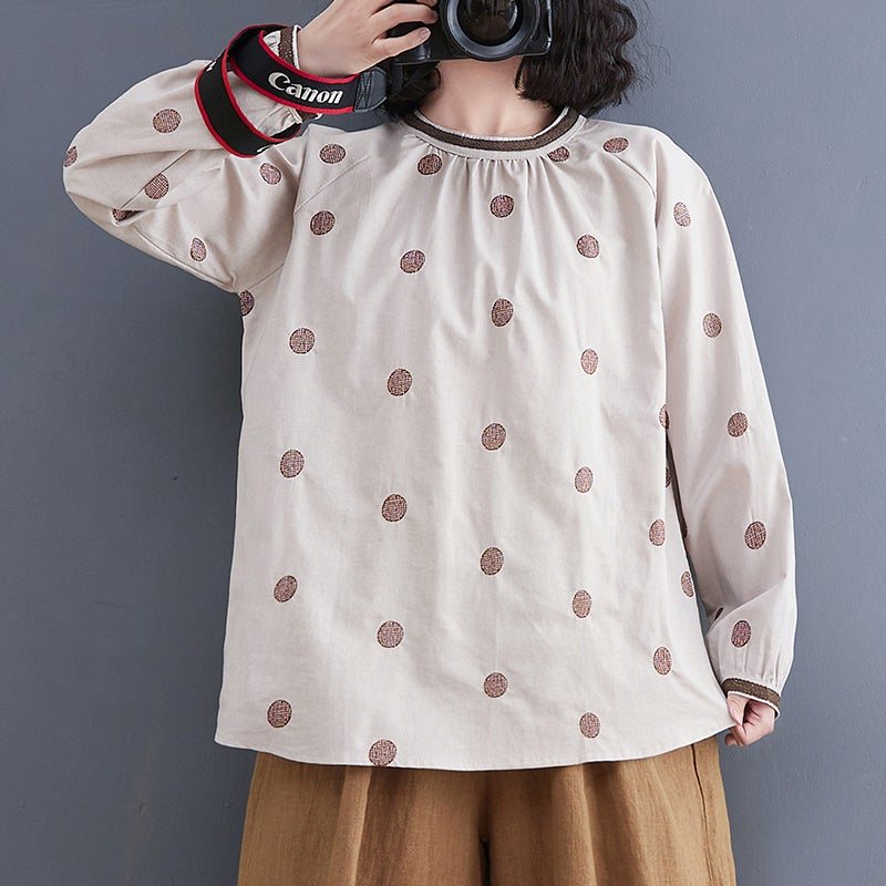 Spring Retro Polka Dot Loose Casual Linen Bluse