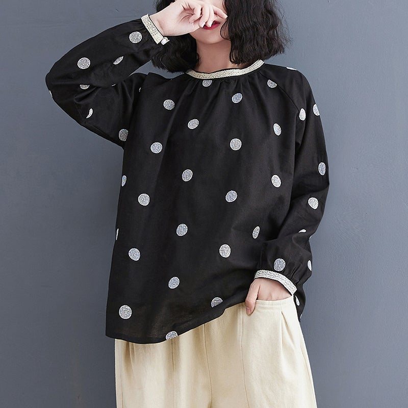 Spring Retro Polka Dot Loose Casual Linen Bluse