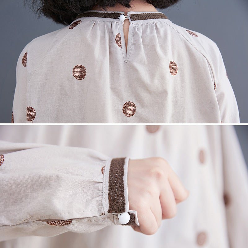 Spring Retro Polka Dot Loose Casual Linen Bluse