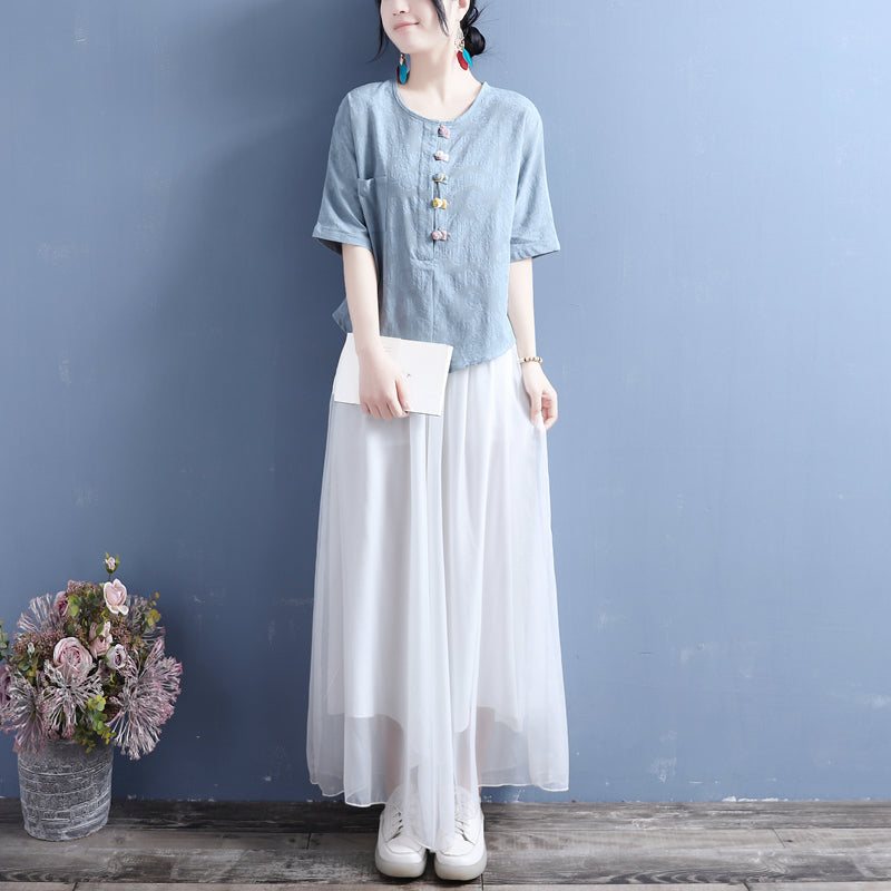 Summer Retro Buttons Cotton Lin T-shirt