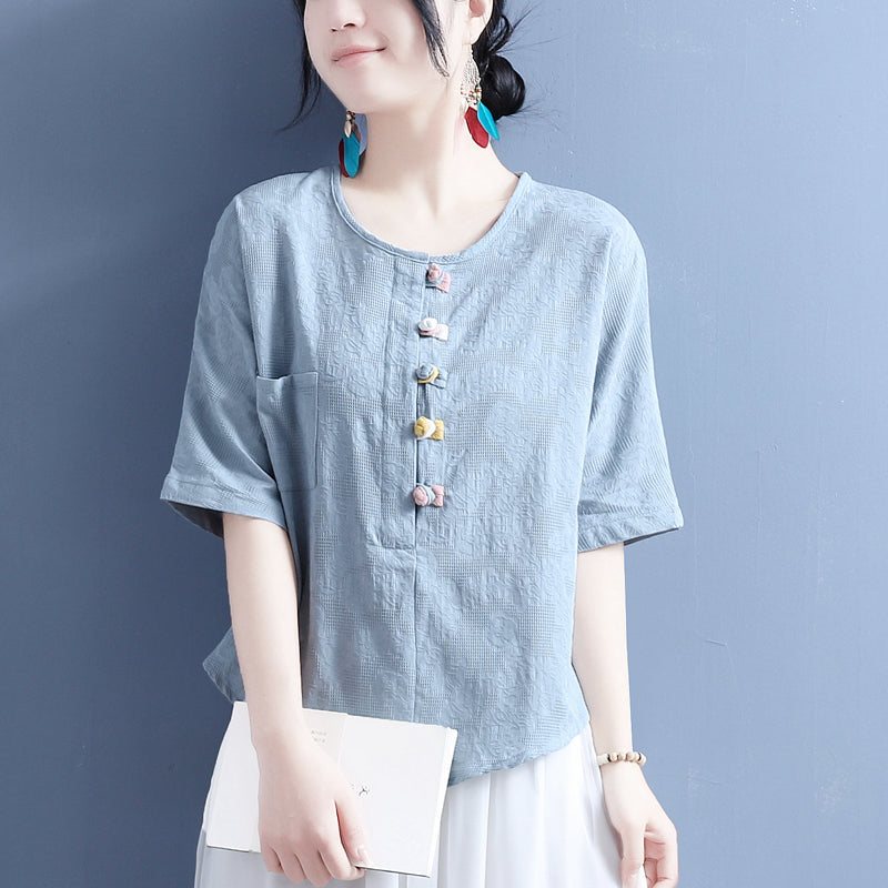 Summer Retro Buttons Cotton Lin T-shirt