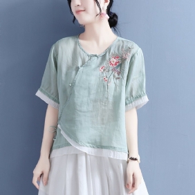 Summer Vintage Floral Brodery Skew Linen Bluse