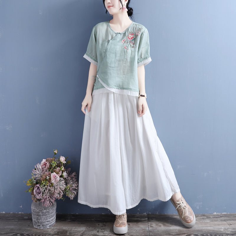 Summer Vintage Floral Brodery Skew Linen Bluse