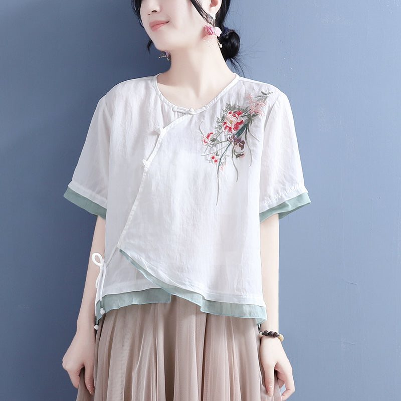 Summer Vintage Floral Brodery Skew Linen Bluse