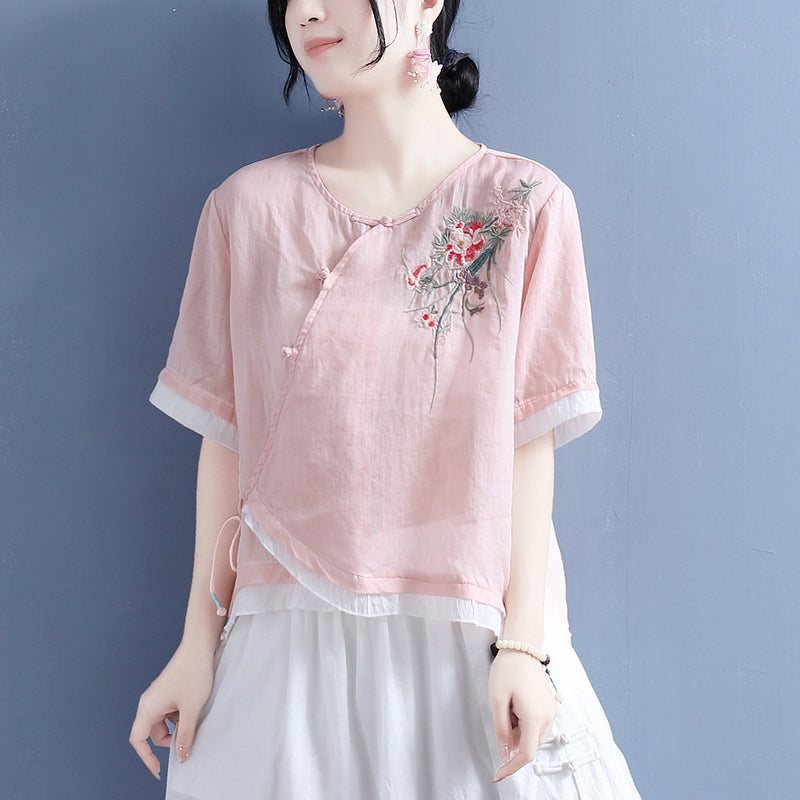 Summer Vintage Floral Brodery Skew Linen Bluse