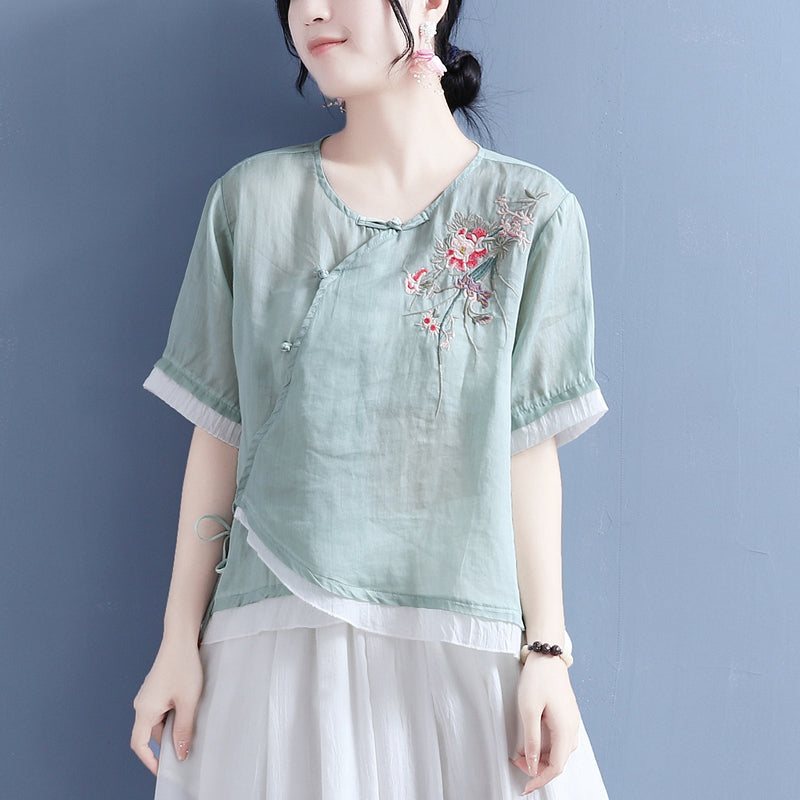 Summer Vintage Floral Brodery Skew Linen Bluse