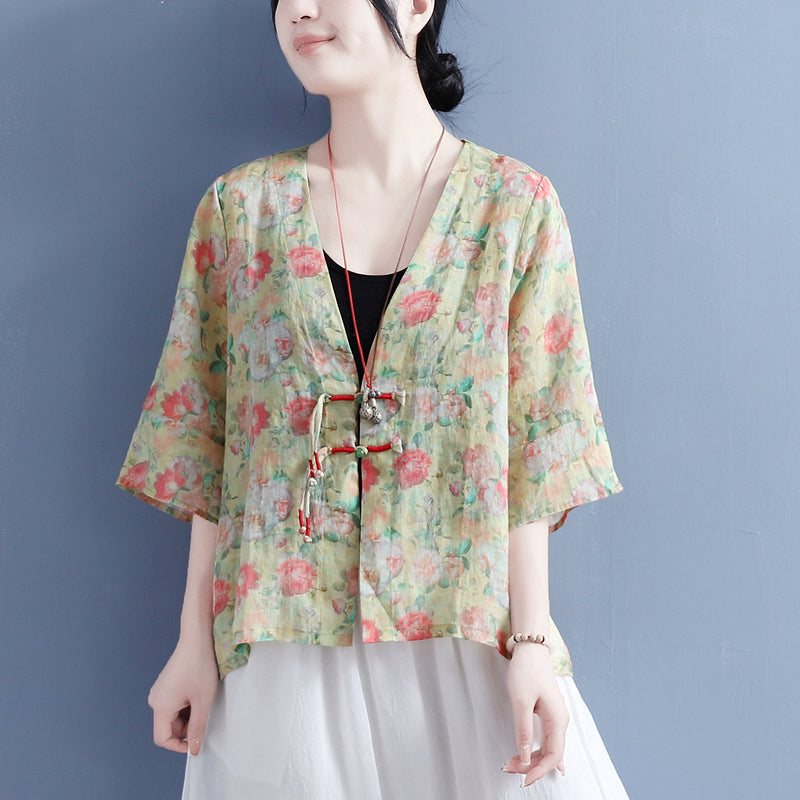 Summer Vintage Floral Cotton Lin Bluse