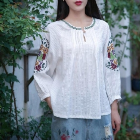 Uformelt Plissert Broderi Vintage Linbluse