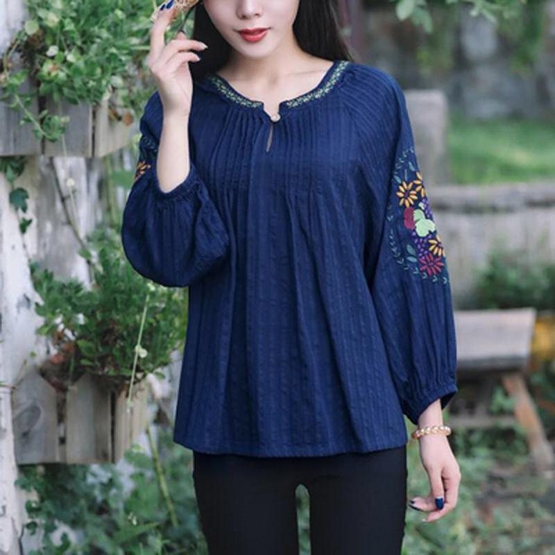 Uformelt Plissert Broderi Vintage Linbluse