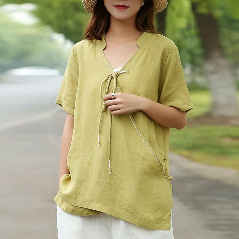 V-hals Solid Vintage Lin Belte Front Bluse