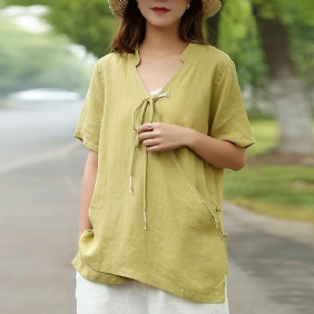 V-hals Solid Vintage Lin Belte Front Bluse