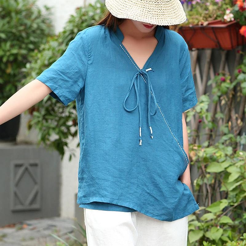 V-hals Solid Vintage Lin Belte Front Bluse