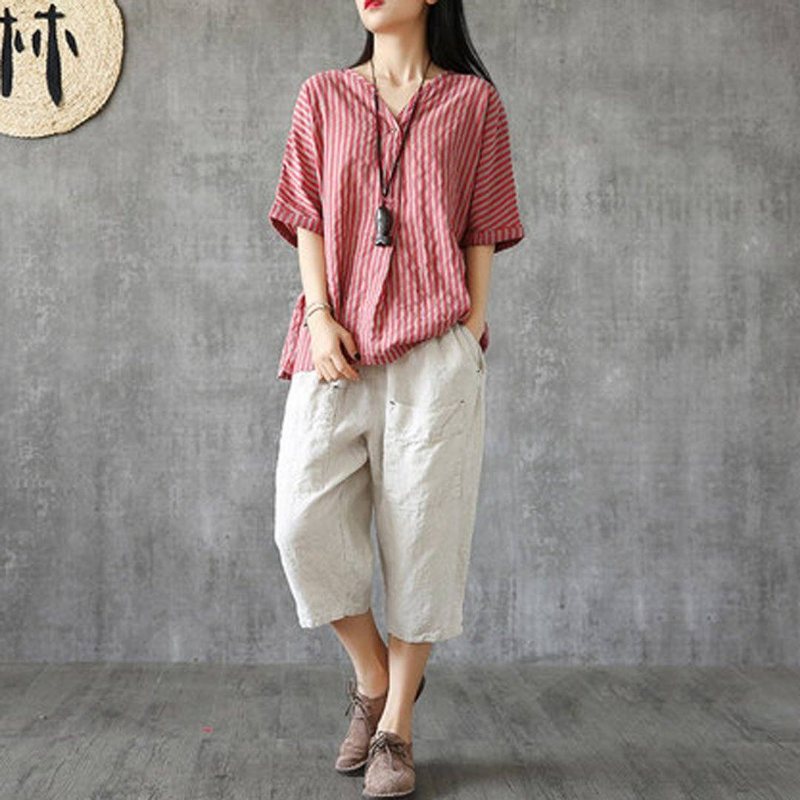 V-hals Stripes Lin Casual Bluse