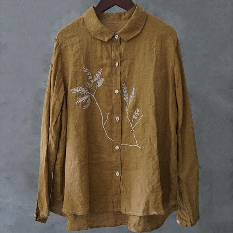 Vår Høst Casual Retro Blomster Broderi Lin Bluse