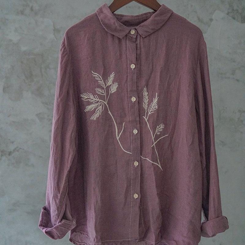 Vår Høst Casual Retro Blomster Broderi Lin Bluse