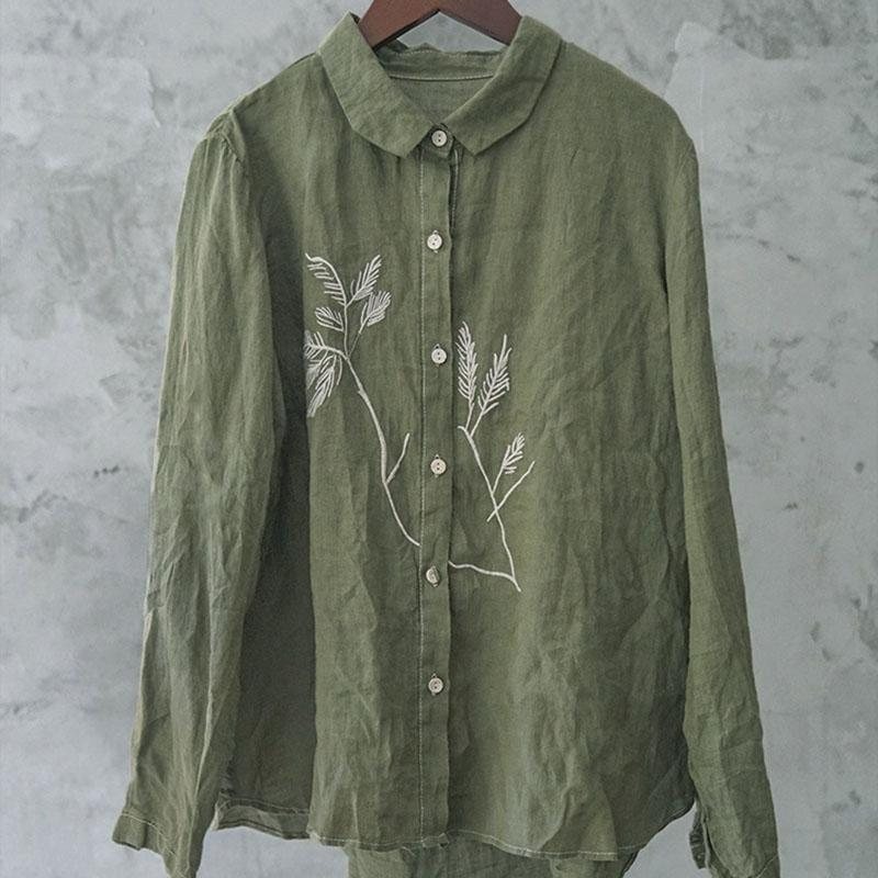 Vår Høst Casual Retro Blomster Broderi Lin Bluse