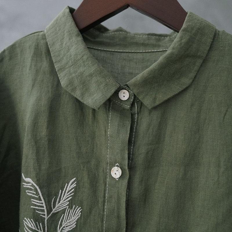 Vår Høst Casual Retro Blomster Broderi Lin Bluse