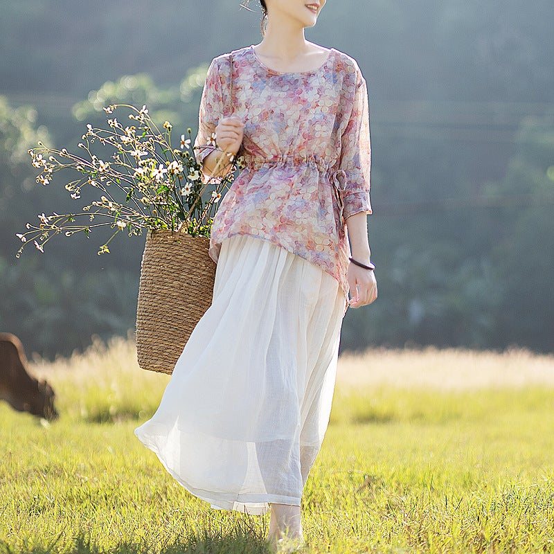 Vår Sommer Floral Retro Split Ruffle Lin T-skjorte