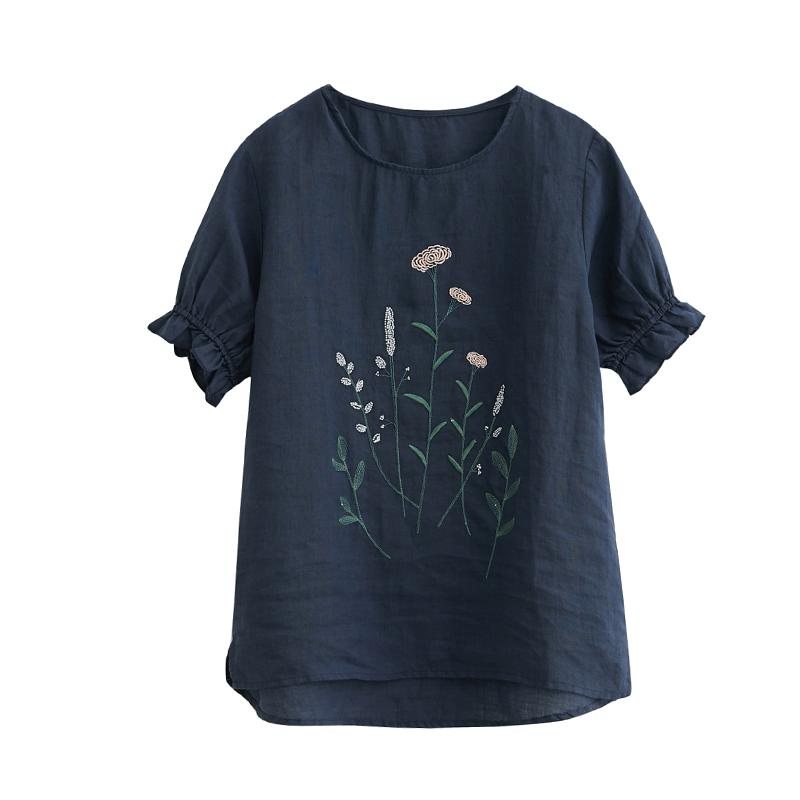 Vår Sommer Løs Casual Floral Broderi Lin T-skjorte