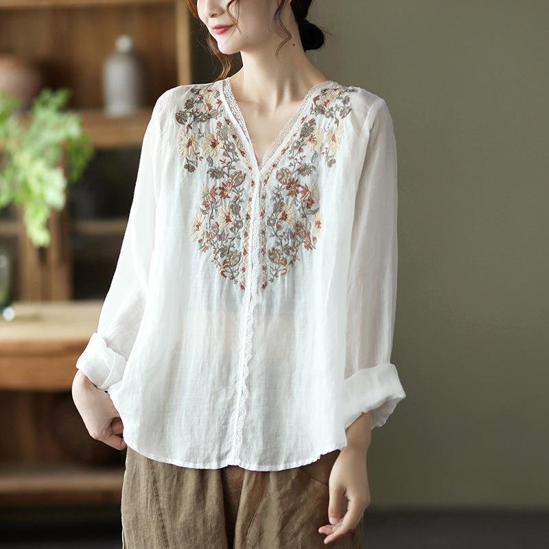 Våren Lin Blonde Elegant Retro Broderi Bluse