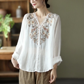 Våren Lin Blonde Elegant Retro Broderi Bluse