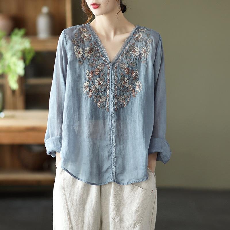 Våren Lin Blonde Elegant Retro Broderi Bluse