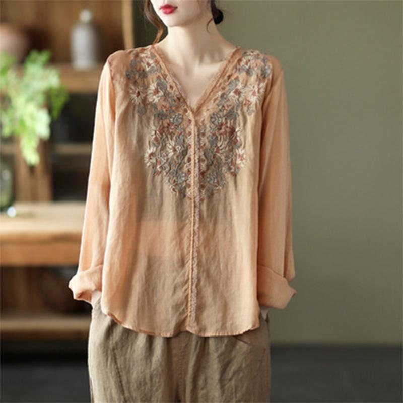 Våren Lin Blonde Elegant Retro Broderi Bluse