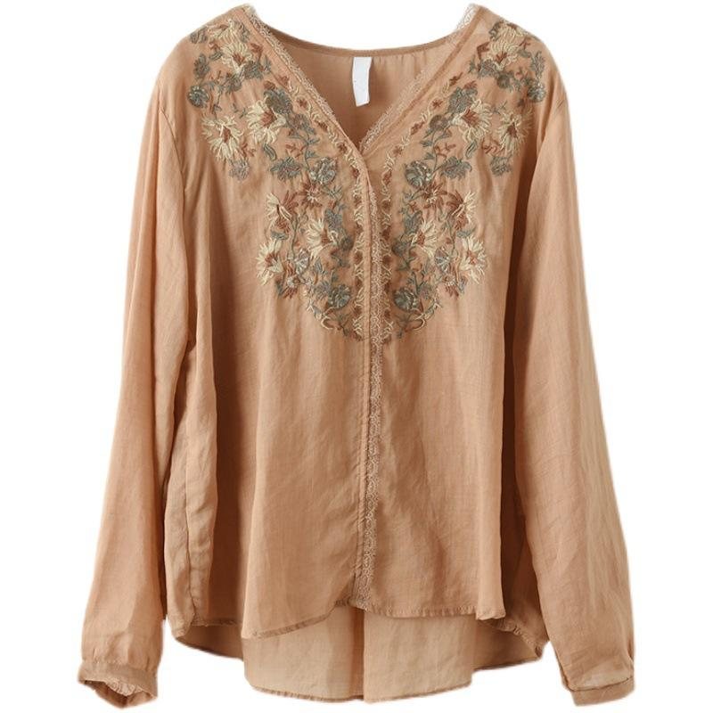 Våren Lin Blonde Elegant Retro Broderi Bluse