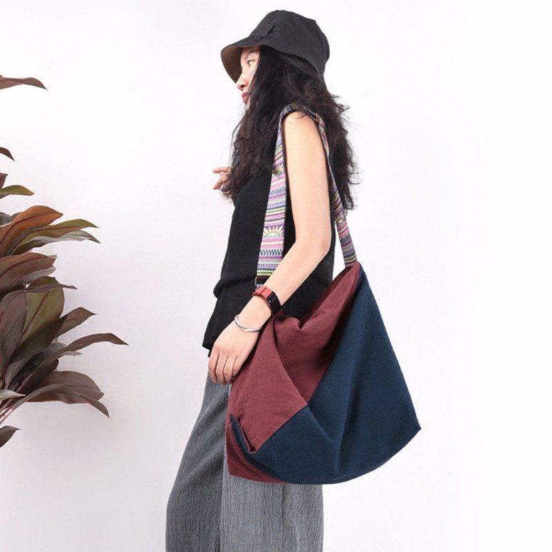 Bomull Lin Color Block Casual Bag Med Stor Kapasitet Crossbody Bag