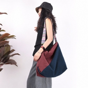 Bomull Lin Color Block Casual Bag Med Stor Kapasitet Crossbody Bag