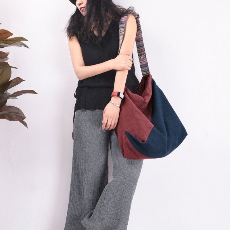 Bomull Lin Color Block Casual Bag Med Stor Kapasitet Crossbody Bag