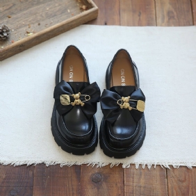 Dame Bowknot Casual Skinn Wedge Black Loafers