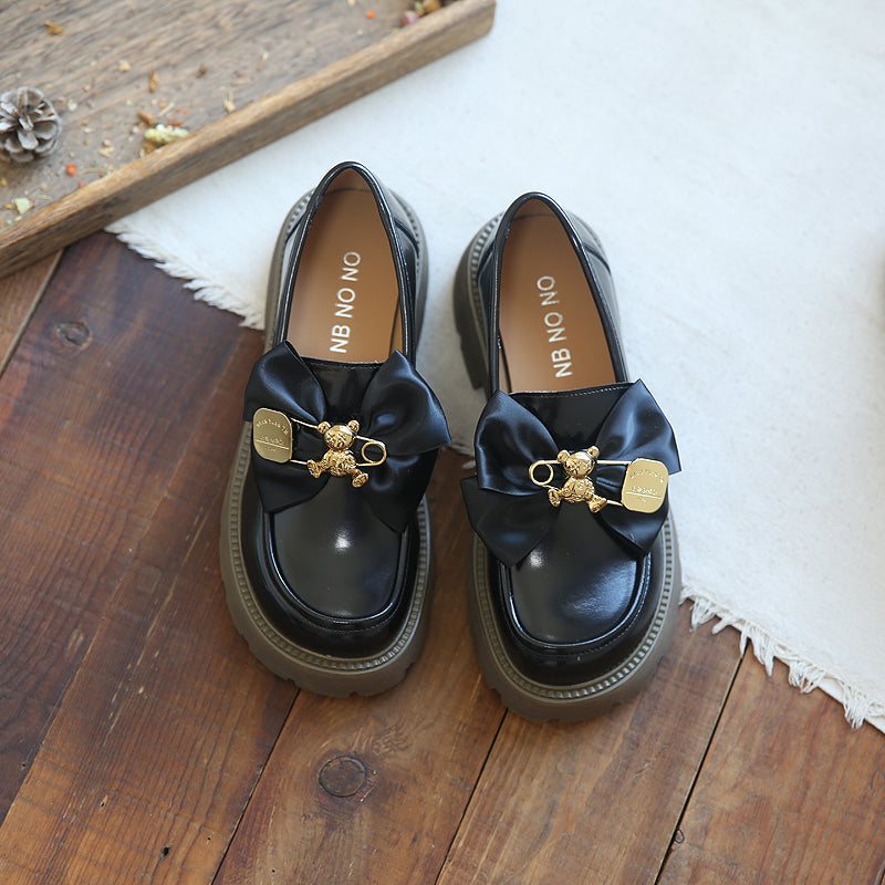 Dame Bowknot Casual Skinn Wedge Black Loafers