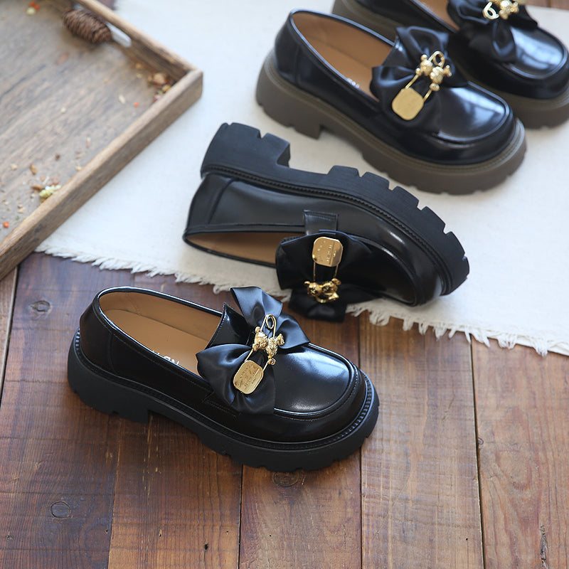 Dame Bowknot Casual Skinn Wedge Black Loafers