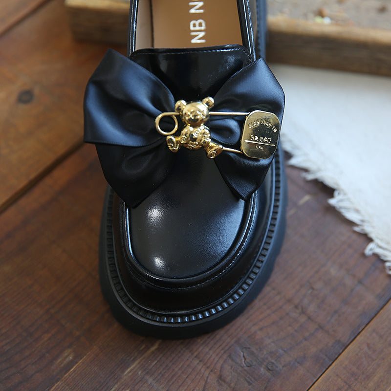 Dame Bowknot Casual Skinn Wedge Black Loafers