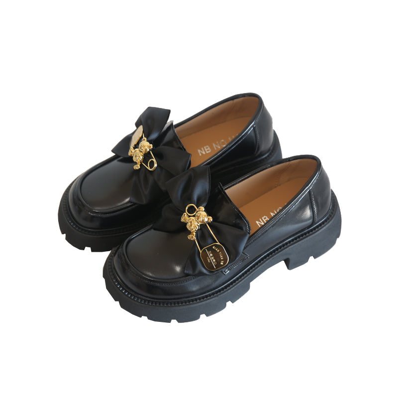 Dame Bowknot Casual Skinn Wedge Black Loafers