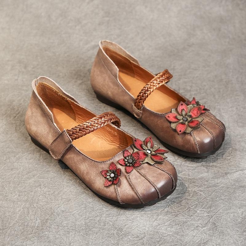 Dame Retro Flower Flat Leather Casual Sko