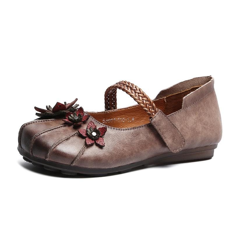 Dame Retro Flower Flat Leather Casual Sko