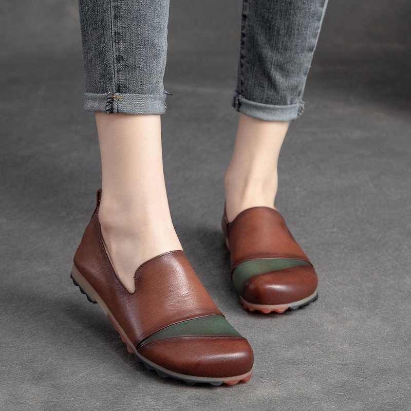 Dame Vår Sommer Retro Leather Anti-slip Casual Sko