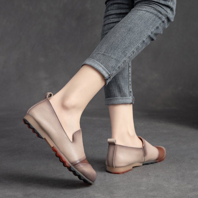 Dame Vår Sommer Retro Leather Anti-slip Casual Sko