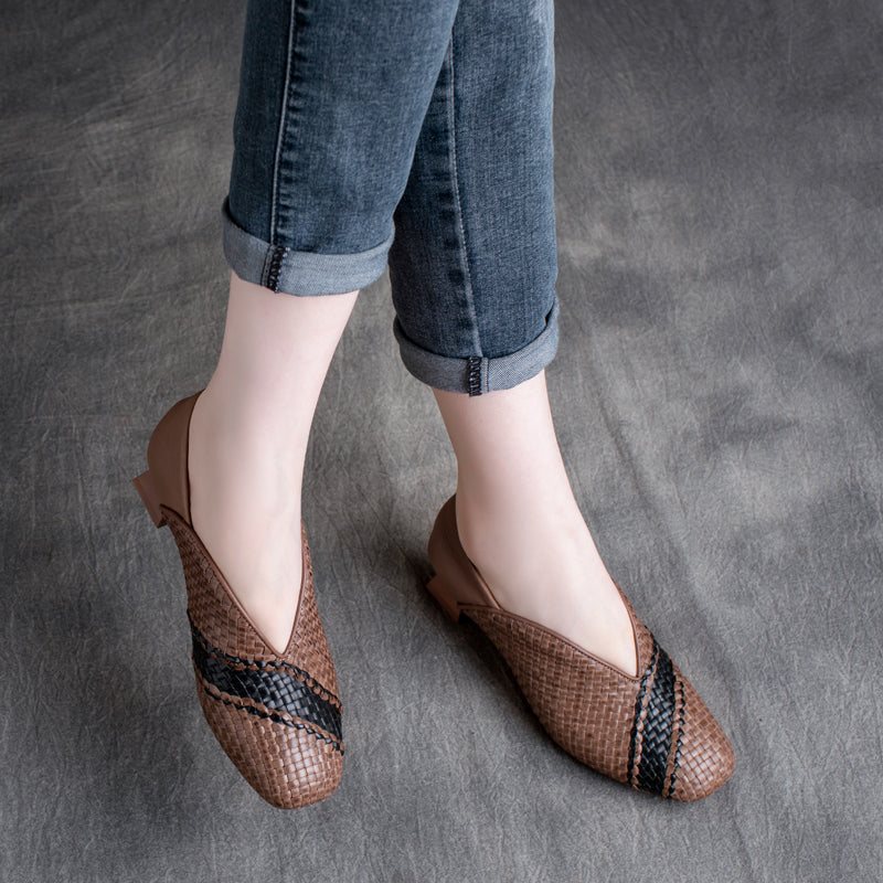 Dame Vår Sommer Strikkede Leather Casual Loafers