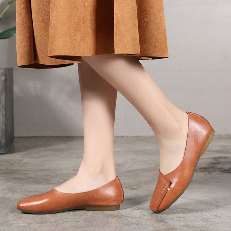 Kvinner Square Toe Leather Flat Casual Shoes