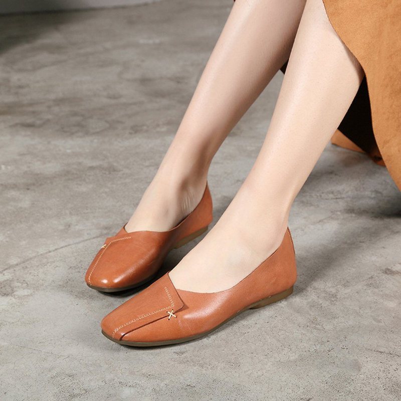 Kvinner Square Toe Leather Flat Casual Shoes