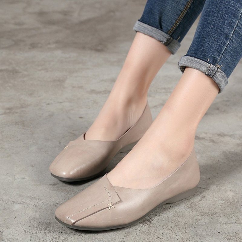 Kvinner Square Toe Leather Flat Casual Shoes