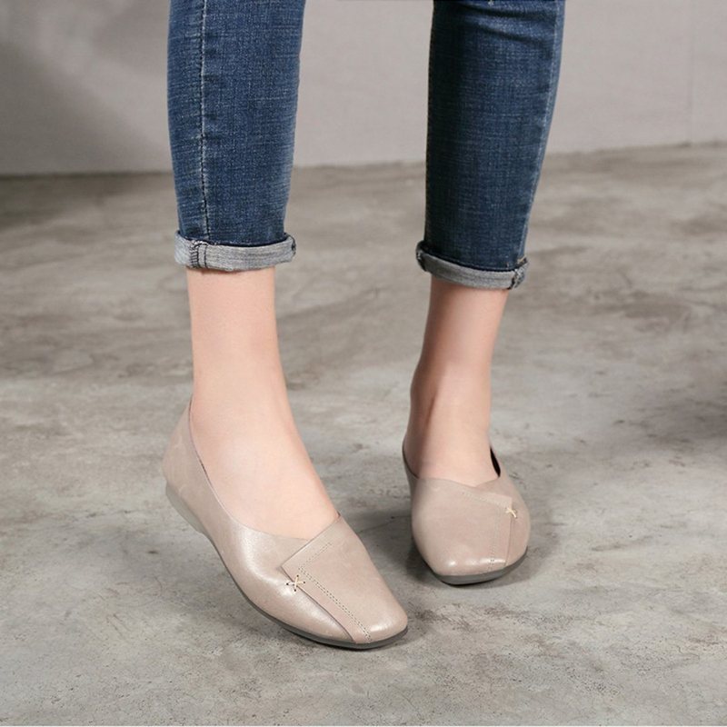 Kvinner Square Toe Leather Flat Casual Shoes