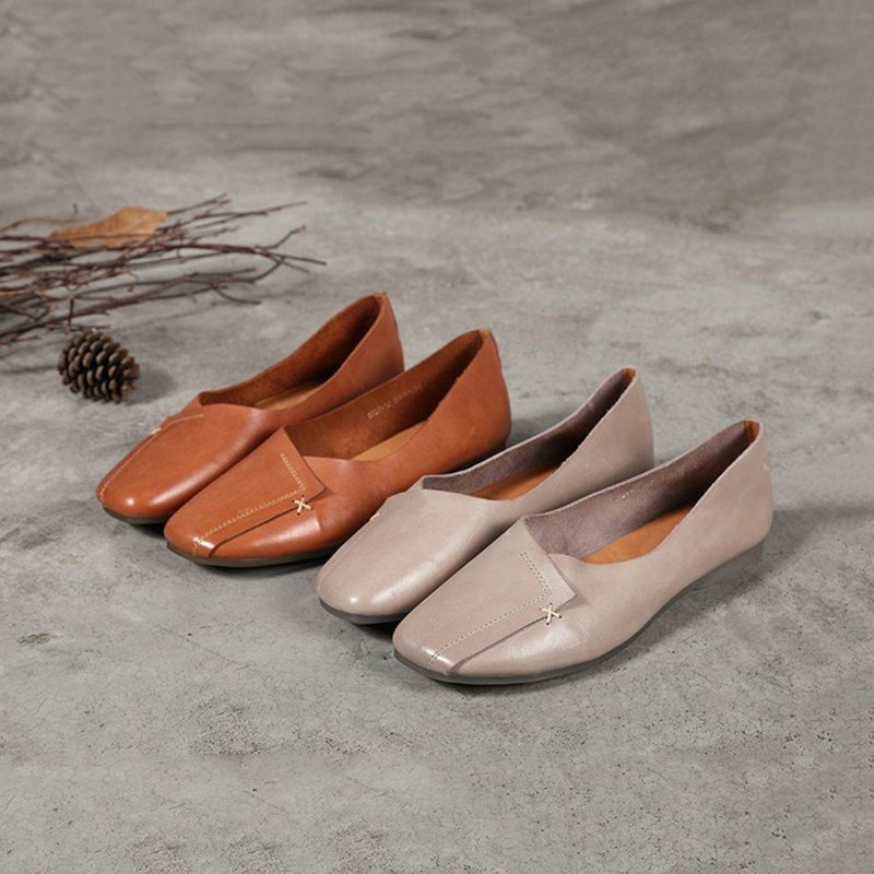 Kvinner Square Toe Leather Flat Casual Shoes